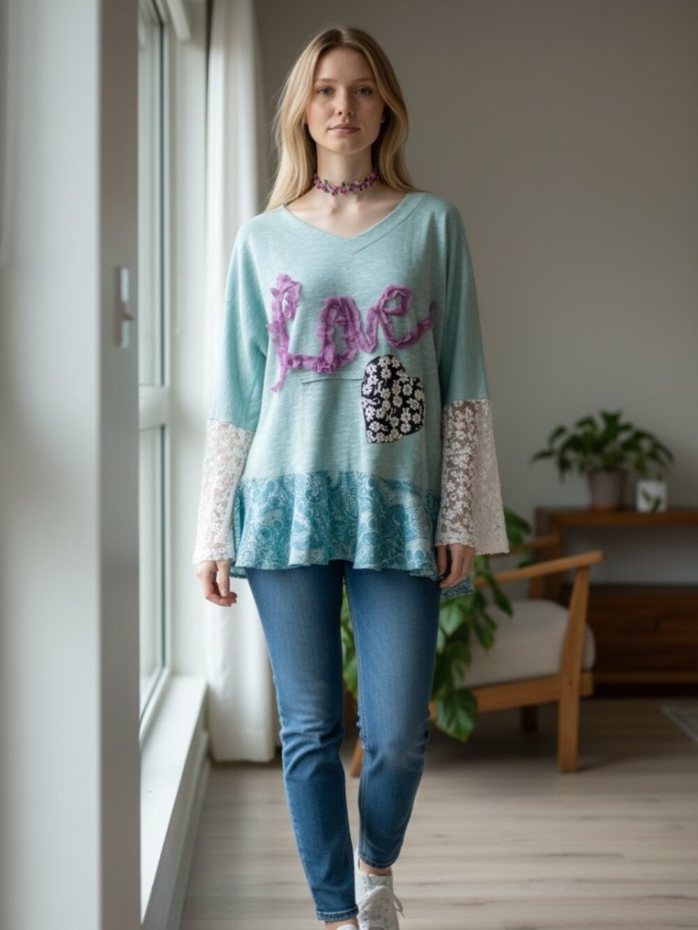 Handmade Boho LOVE Sweatshirt Size Medium NEW NWT